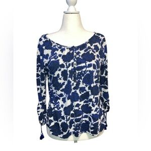 Lucky Brand Blue Roses Knit Peasant Blouse L